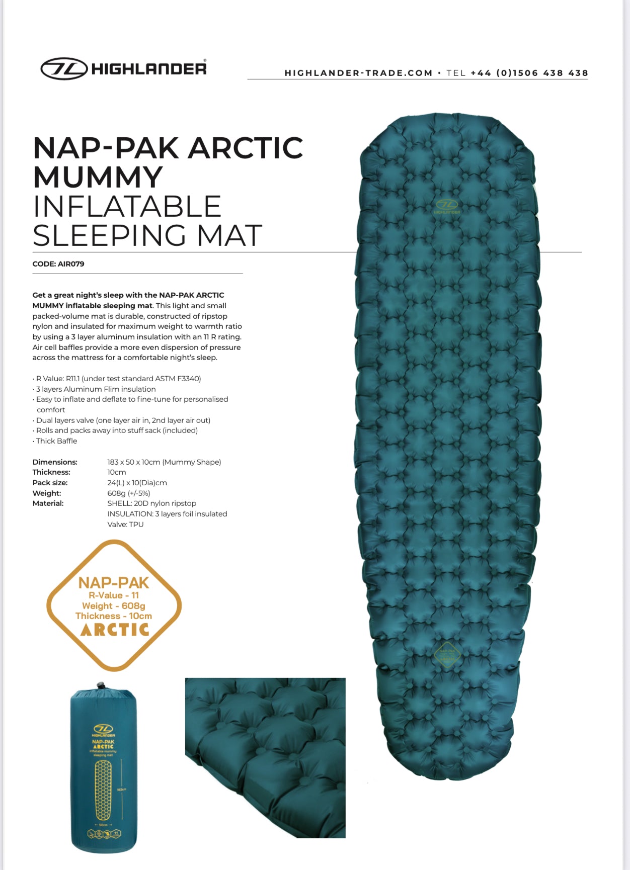 NAP PAK ARCTIC R11 MUMMY LITE INFLATABLE SLEEPING MAT