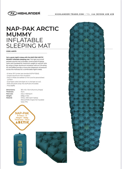 NAP PAK ARCTIC R11 MUMMY LITE INFLATABLE SLEEPING MAT